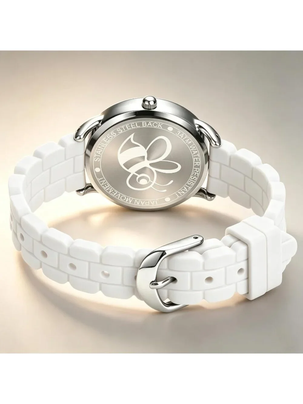 Women's White Big Face Easy Reader Silicone Strap Waterproof 35MM Wrist Watch